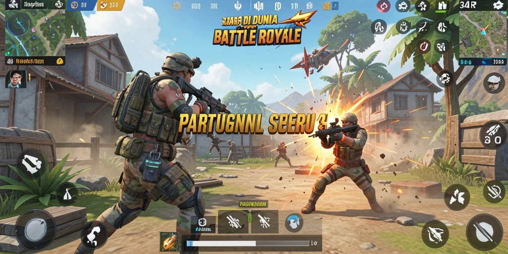 Screenshot gameplay 34R menampilkan aksi bertempur di medan Battle Royale.