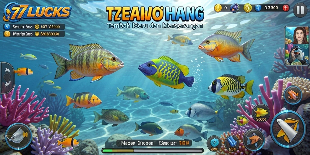 Tampilan gameplay 77LUCKS yang seru saat menembak ikan.